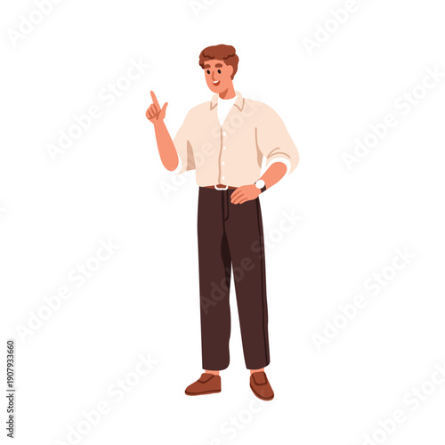 Man pointing up. Happy smiling young male, business character, showing, indic...
