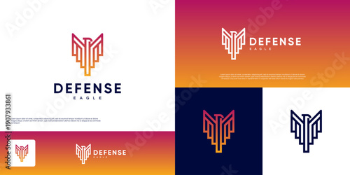 digital protection logo, eagle shape with abstract line art, balance and readiness, vector design template.