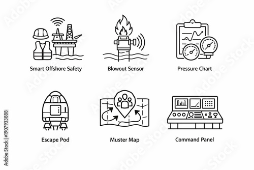 Offshore safety icons: smart equipment and emergency systems