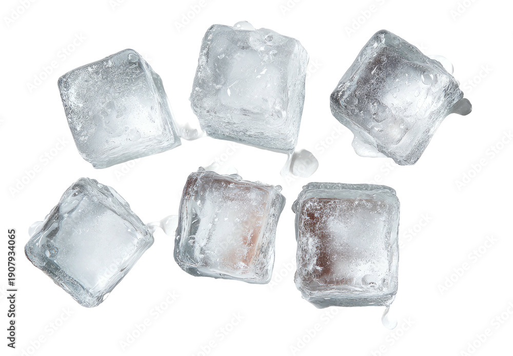 Obraz premium Isolated shot of six translucent, square ice cubes against a stark black background