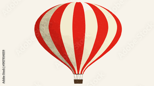 Illustration of a red and white striped hot air balloon on a beige background with textured effect