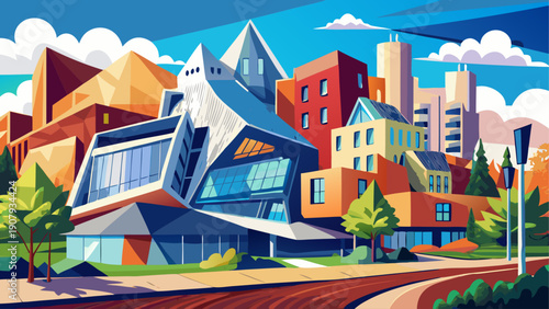 Very beautiful modern architectural view of the Stata Center at Massachusetts Institute of Technology (MIT) in Cambridge, Massachusetts, USA, designed to inspire innovation and collaboration.