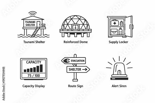 Emergency shelter and safety icons: tsunami, evacuation, alert systems