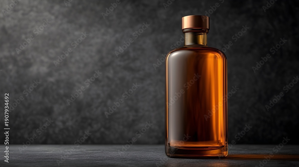 Fototapeta premium Tall Amber Glass Bottle Containing Cognac Liquid With Bronze Cap Refined Luxury Packaging