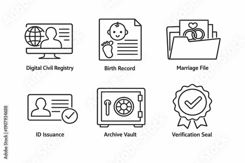 Icon set representing digital registry, birth record, marriage file, id issuance, archive vault, verification seal