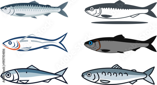 A diverse collection of six stylized sardine illustrations, showcasing various design approaches for small schooling fish, perfect for culinary, marine, or ecological themes in graphic projects