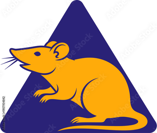 Vibrant orange rodent silhouette presented within a striking blue triangular emblem, an ideal graphic illustration for warning, pest control, or a distinctive animal symbol