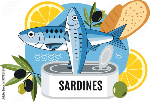A vibrant illustration showcasing a can of sardines surrounded by fresh lemon slices, olives, and a slice of bread, representing healthy seafood options