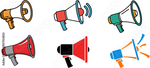 Colorful vector illustrations featuring a collection of diverse megaphones, essential tools for effective communication, public announcements, and amplifying voices in various contexts