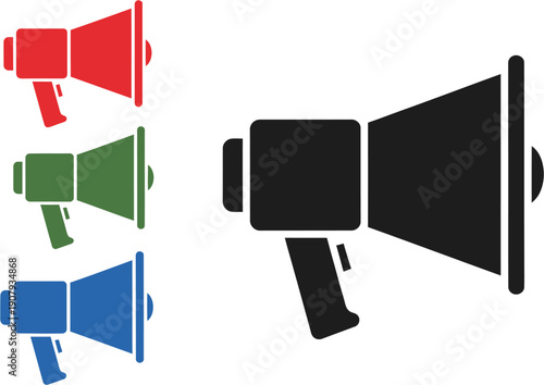 Three colorful megaphones, red, green, and blue, alongside a black megaphone, symbolizing communication, announcement, and public address