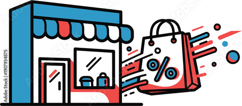 Dynamic illustration of a retail store and a flying shopping bag with a discount symbol, signifying exciting sales events, promotional offers, and customer savings opportunities