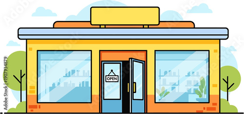 Vibrant illustration of a welcoming local shop with an 'OPEN' sign on its glass door, depicting a small business storefront ready for customers to explore a diverse range of products