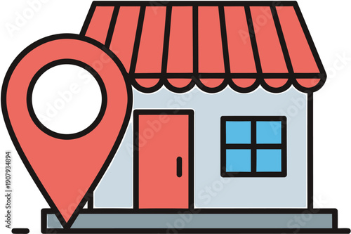 Vector icon of a shop building and map pin, signifying retail location, business address, and local store search functions for digital design and mapping applications