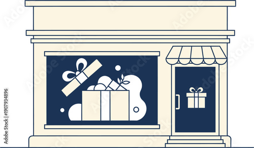 Gift shop storefront illustration with a window display of wrapped presents and an open box, symbolizing delightful shopping experiences