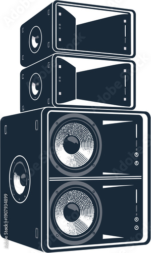 A retro-styled illustration of a powerful stacked audio speaker system, perfect for music events, concerts, and professional sound amplification with vintage flair