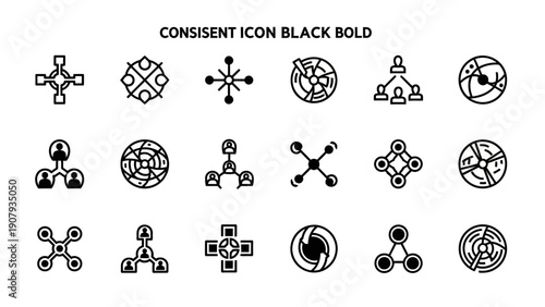Collection of consistent black bold icons representing connections and networks.