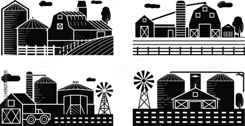 Rural Farm Landscape Silhouettes with Barns Silos and Field vector illustration