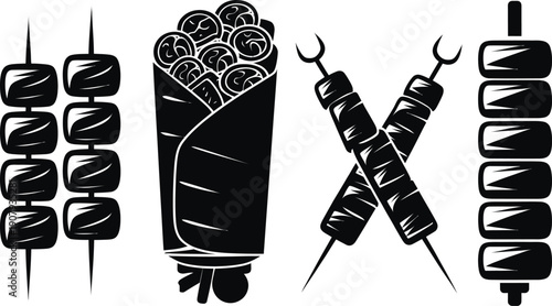 Grilled Meat Kebab Skewers and Shawarma Wrap Silhouette Icon Set