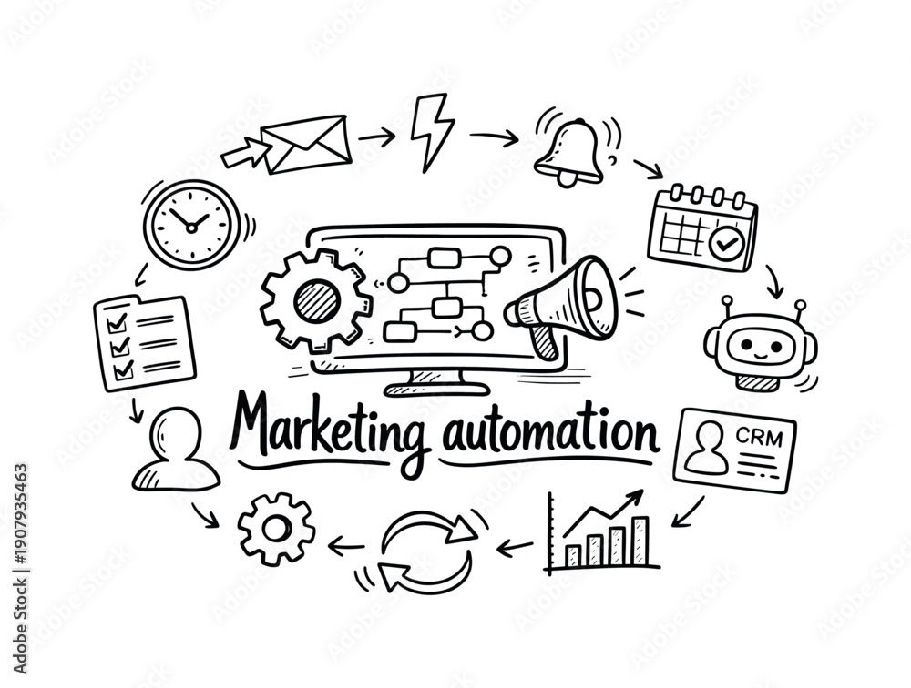 Obraz premium Marketing automation. Hand-drawn doodle illustration of Marketing automation. In the middle, one slightly larger central