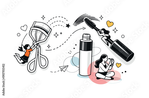 Cosmetic tools flat lay. Eyelash curler and mascara arranged diagonally with dots and curved lines showing motion and