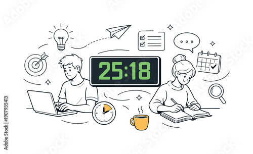 Work Timer. Digital timer counting smoothly, focused work session and calm concentration. Minimal task icons and motion