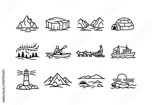 Greenland Icon Collection. Greenland. Line outline icon set of Greenland: iceberg, glacier, fjord, igloo, aurora