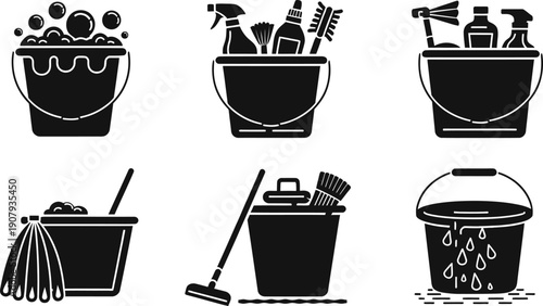 Cleaning Bucket Icon Set vector illustration