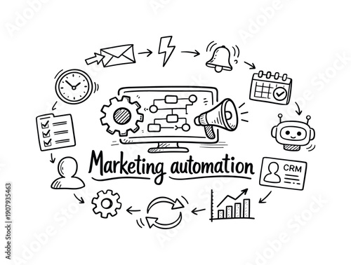Marketing automation. Hand-drawn doodle illustration of Marketing automation. In the middle, one slightly larger central