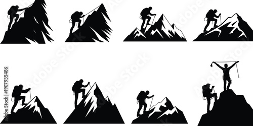 Mountain climber silhouette collection showing hiking, trekking, and summit success, adventure outdoor vector illustration isolated on white background