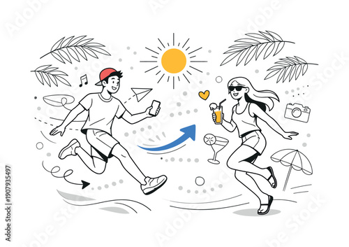 Summer vibes & simplicity. Floating palm leaves, sun rays, and dots arranged rhythmically, like a calm visual breeze.