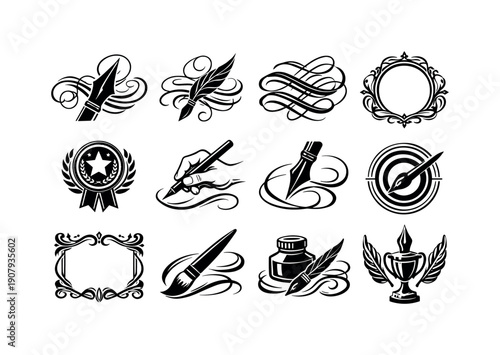 Advanced Calligraphy. Line outline icon set of Advanced Calligraphy: complex flourishes, layered strokes, dramatic