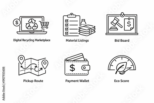 Sustainable business icons: recycling, bidding, payments, and eco-friendly solutions