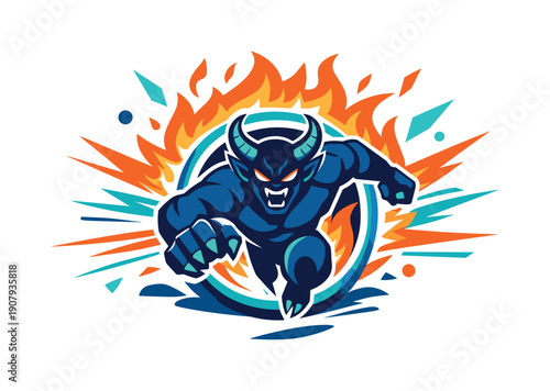 Hellfire breakthrough. Demon leaping forward from a portal, explosive flames and motion lines emphasizing speed and