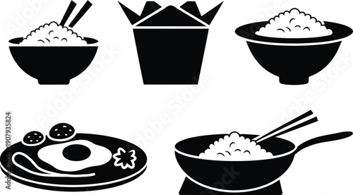 Asian Rice Food Icons Set, Bowls, Chopsticks, Wok, and Takeout Box Silhouette Vector illustration