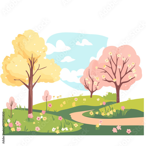 Spring landscape with blooming trees and flower meadow. Vector cartoon illustration of a sunny park with a path and blue sky. Flat nature background.