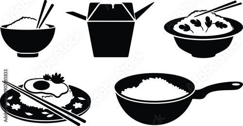 Asian Rice Food Icons Set, Bowls, Chopsticks, Wok, and Takeout Box Silhouette Vector illustration