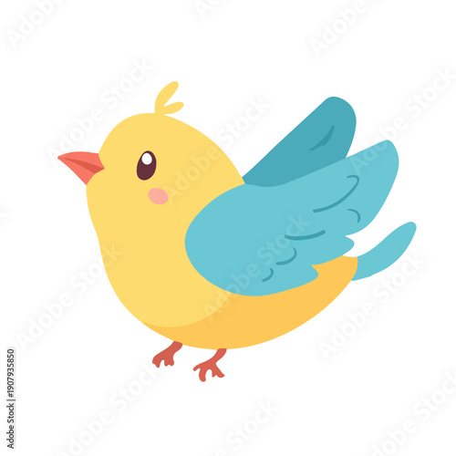 Cute yellow bird with blue wings flying. Vector cartoon illustration of a small cheerful bird isolated on white. Nature icon for kids design.