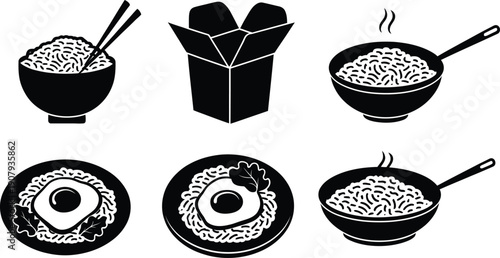 Asian Rice Food Icons Set, Bowls, Chopsticks, Wok, and Takeout Box Silhouette Vector illustration
