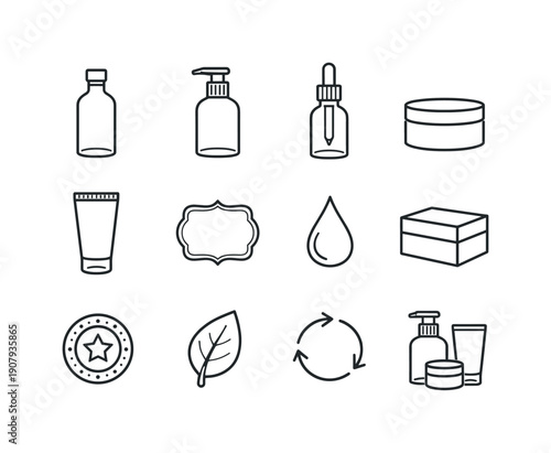 Cosmetic packaging design. Line outline icon set of Cosmetic packaging design: glass bottle, pump dispenser, dropper cap