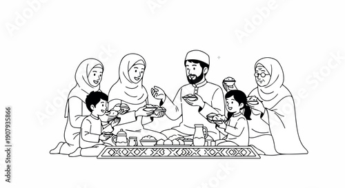 Illustration of a Muslim family sharing a meal together in a traditional setting with a minimalist line art style and a calm mood.