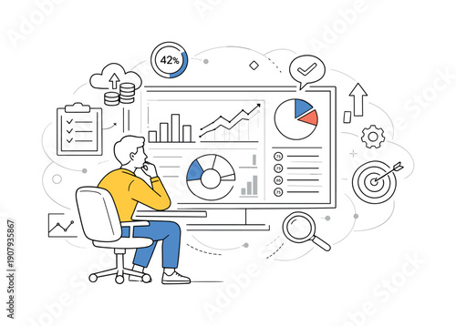 Data Overview. Person reviewing charts on a large dashboard, focused analysis and calm decision-making. Graphs, numbers,