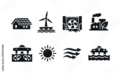 Renewable energy sources. Filled icon set of Renewable energy sources: rooftop solar panels, offshore wind turbine,