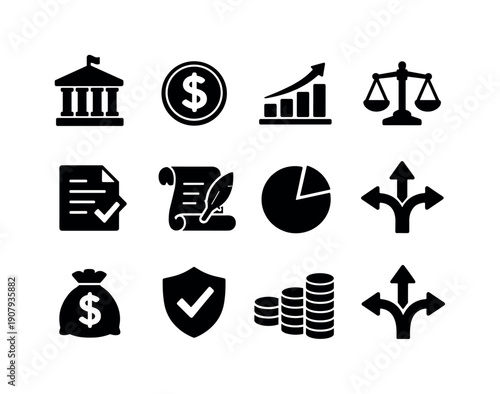 Economic policies. Filled icon set of Economic policies: government building, currency symbol, growth chart, balance