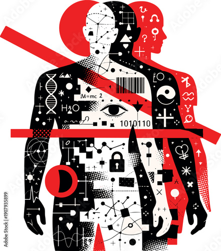 Fragmented Identity Collage. A fragmented black-and-white human figure duplicated in offset layers, each layer filled