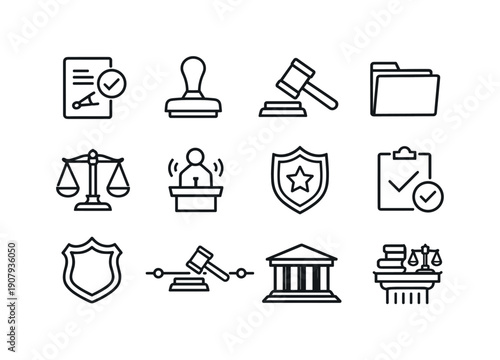Legal judgment. Line outline icon set of Legal judgment: final verdict document, approval stamp, gavel down, closed case