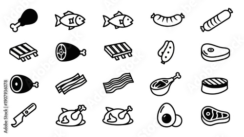 Collection of cartoon meat and fish food icons.