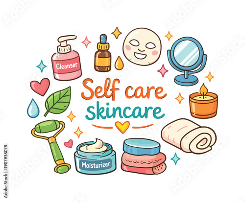 Self care skincare. Hand drawn illustration of Self care skincare. cleanser pump, moisturizer jar, facial oil drop,