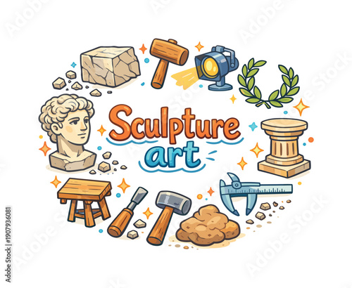 Sculpture art. Hand drawn illustration of Sculpture art. marble statue head, stone block, chisel, hammer mallet,