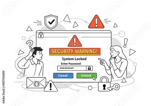 Security Warning. Locked system window with highlighted alert text, moment of decision and caution. Abstract triangles