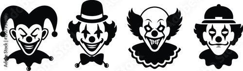 Scary Clown and Jester Face Silhouettes Vector Set